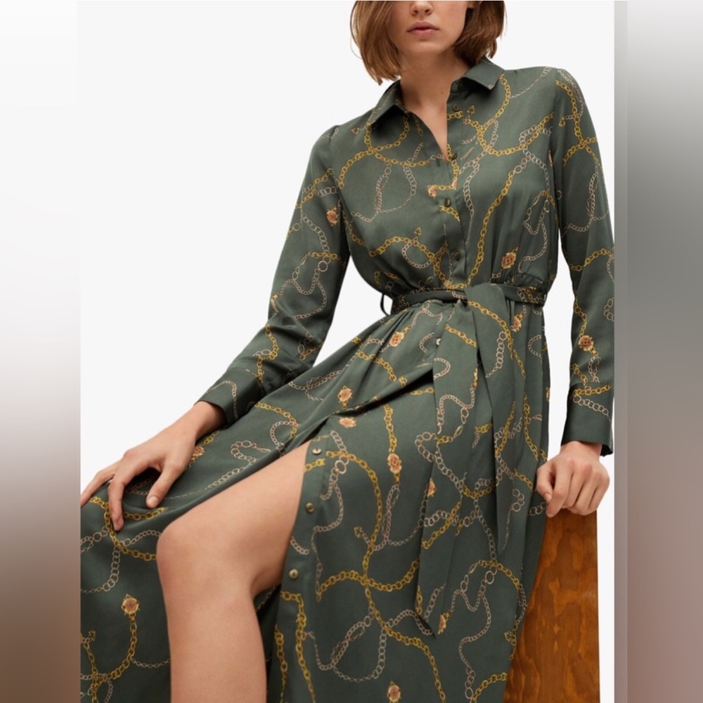 Mango Green Chain Print Midi Shirt Dress size 2
